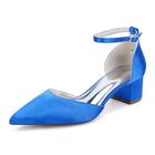 Blue,39,Women's Closed Toe Satin Wedding Shoes Cut Out Chunky Block Heels Bridal Prom Court Shoes Flats Party Dress Pumps with Ankle Strap