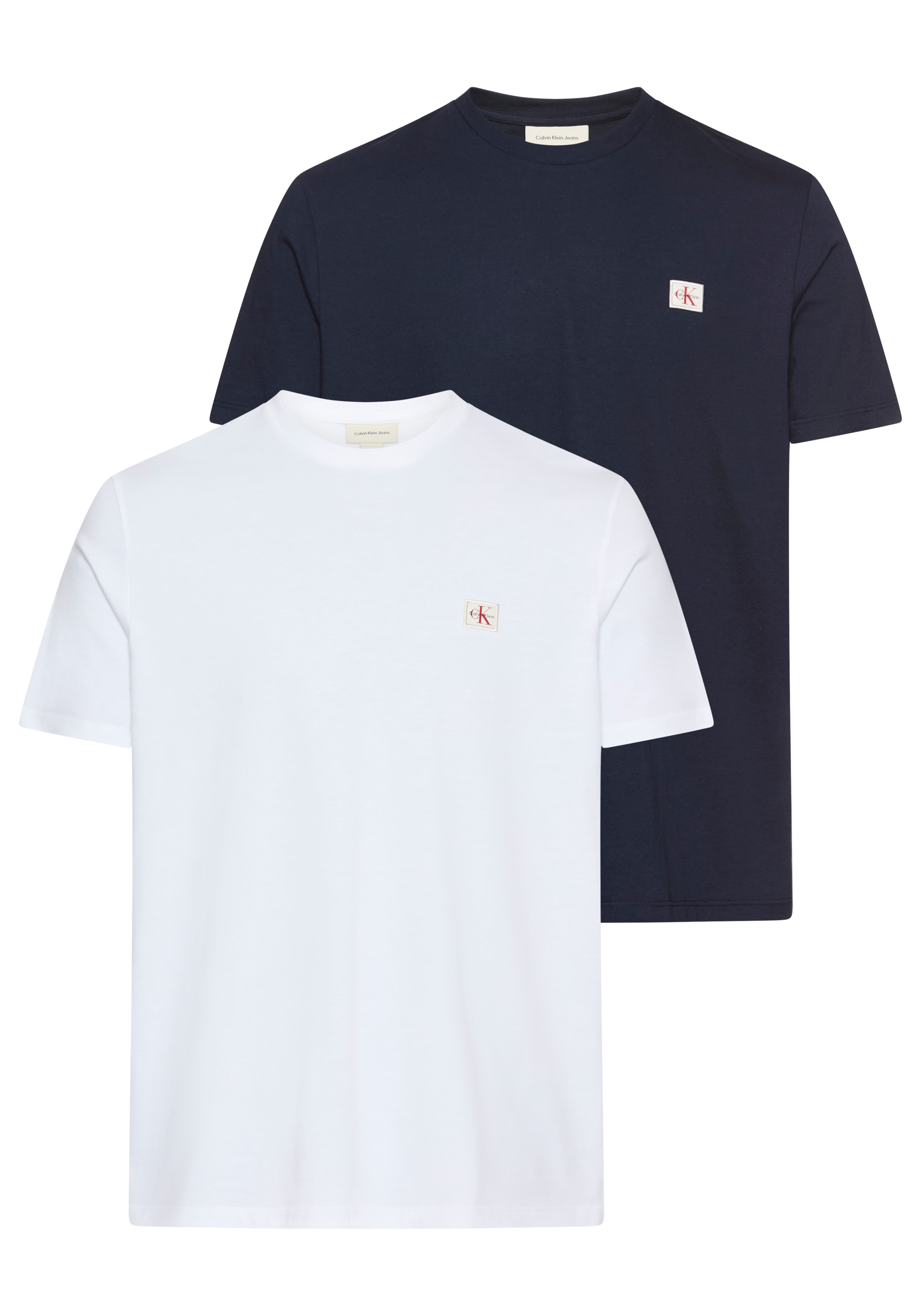 T-Shirt CALVIN KLEIN JEANS "SS BADGE TEE 2 PACK", Herren, Gr. M, weiß (hellweiß, schwarz sapphire), Single Jersey, Obermaterial: 100% Baumwolle, regular fit normal, Rundhals, eingesetzt abgesteppte Kante, Shirts, Mit Rundhalsausschnitt Image