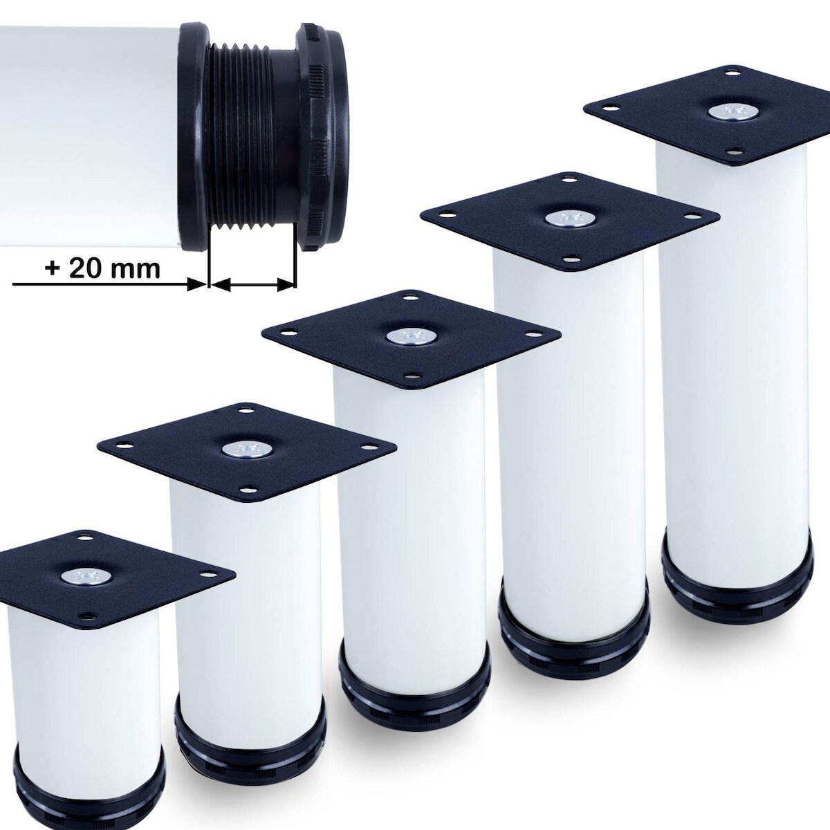 ID Dinkel Möbelfuße verstellbar 50mm Sofafuß Küchenfuß Sockelfüße Bettfüße Bein Weiß 100 mm Image