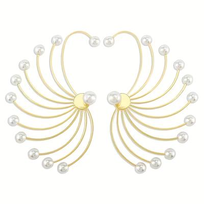 TEMU 1 Pair Of Elegant Boho-chic Fan-shaped Dangle Earrings With Pearl Accents, Golden-plated Iron - Casual Attire & Party Occasions, Style, Novelty Earrings Image