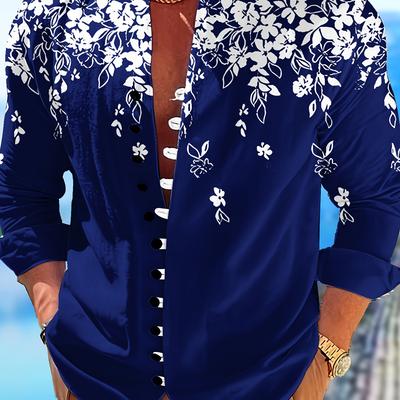 TEMU Men's Elegant Floral Print Long Sleeve Button-up Shirt - With White Flower Patterns, Casual , Non-stretch Fabric, All , Shirt For Vacation Image