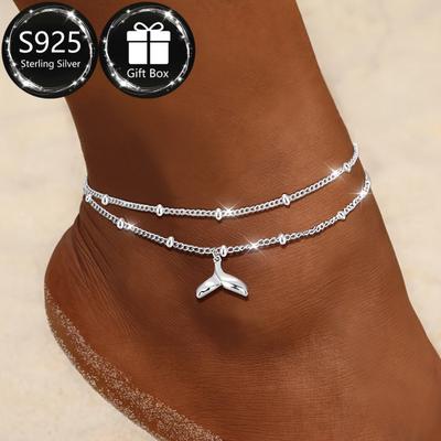 TEMU 1 S925 Women's Foot Chain, Double Layer Round Bead Mermaid Tail Design Suitable For Summer Beach Wear, Suitable For Daily Beach Wear And Gift , Etc Image