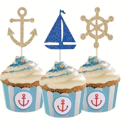 TEMU 24pcs Anchor Boat Whale Sailboat Cupcake Toppers For Ocean Sailing Theme Party Birthday Party Baby Shower Wedding Party Decorations Image