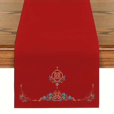 TEMU Print Chinese Floral Table Runner - Wedding & Celebration Design, Polyester, Rectangular Shape Image