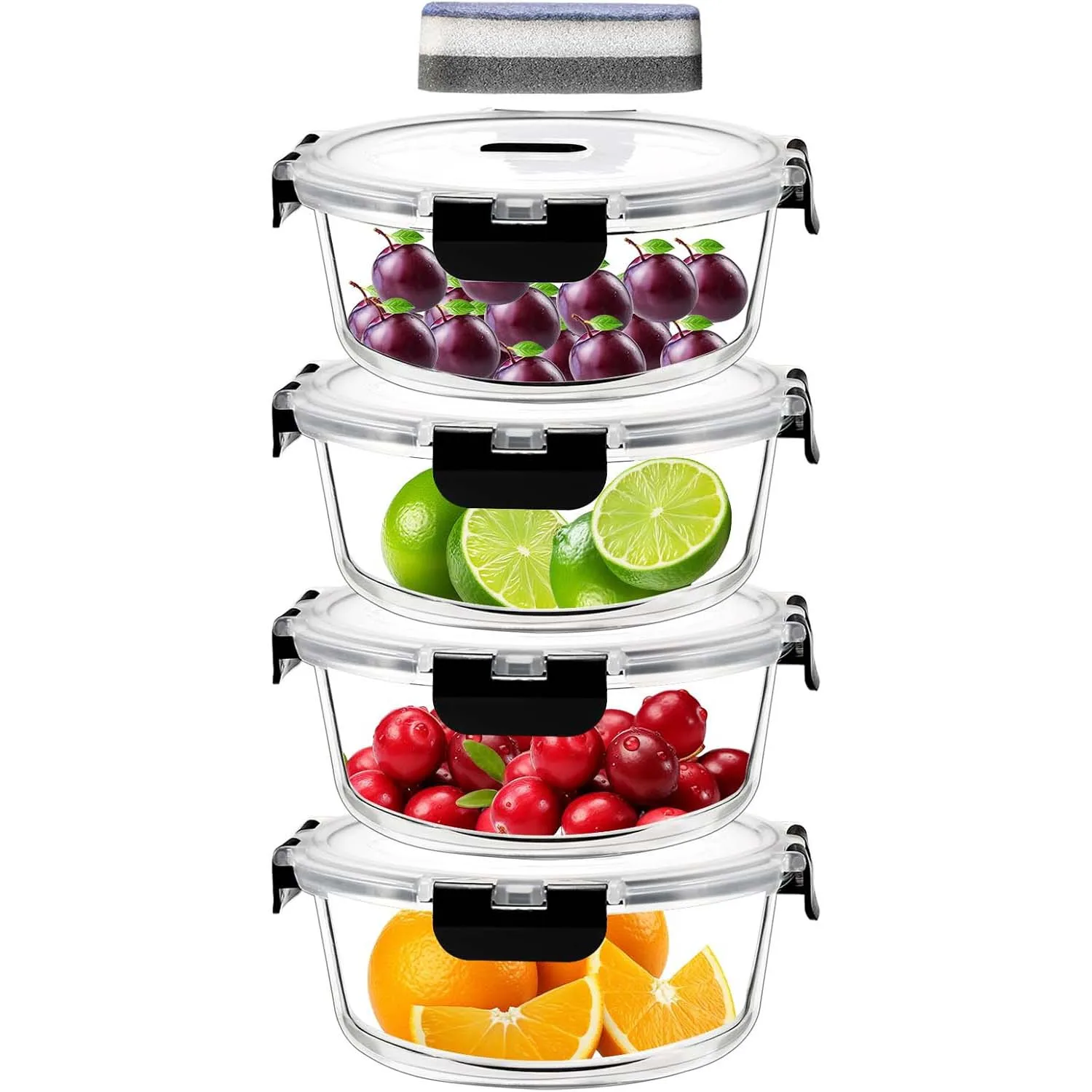 1300 ml runde Lebensmittelbehälter aus Glas (mit Deckel), 4er-Set, luftdichte Vorratsbehälter für Lebensmittel, BPA-frei Image