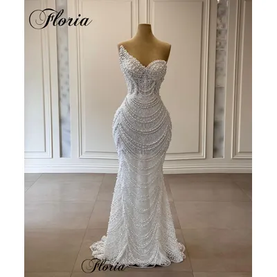 New Elegant Lace Prom Dresses With Pearls Sleeveless Sweetheart Engagement Dresses For Women Robes De Soirée Wedding Party Gowns