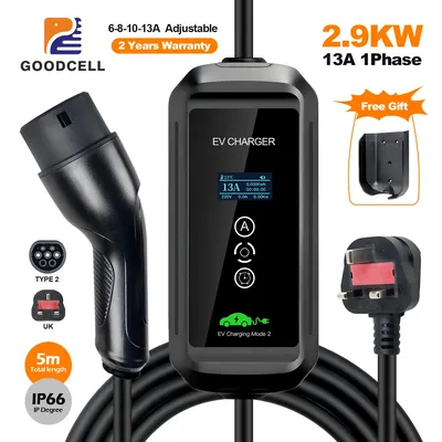 GOODCELL UK-Stecker Typ 2 EV-Ladegerät EVSE Car Home Charging Portable 6/8/10/13A Einstellbare Verwendung für Ladestecker IP 66