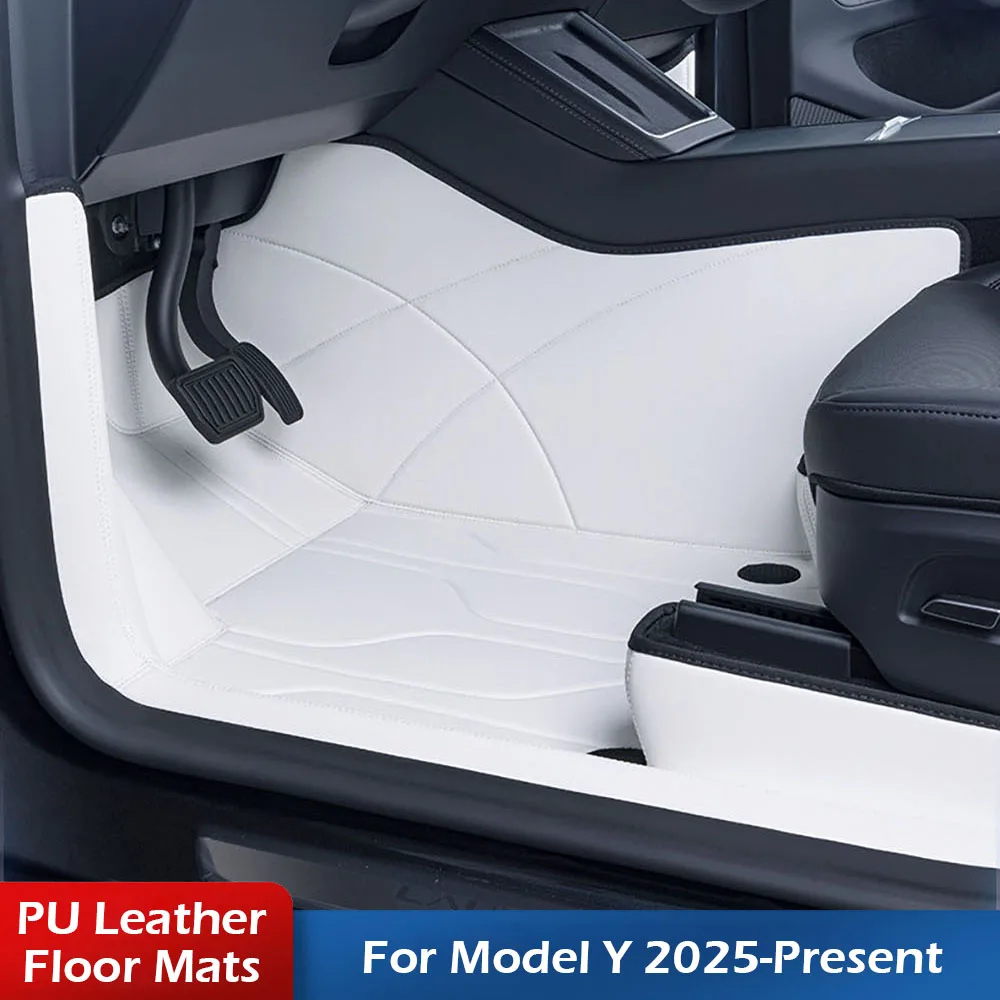 Weiße Leder-Fußmatten für Tesla Model Y Juniper 2026 2025 Allwetter-Leder-Bodenmatten Abnehmbare Weiche Teppiche Image