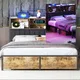 Cadre de lit double en bois et métal, lit rétro avec tête de lit LED PU et 2 tiroirs, lit moderne avec espace de rangement