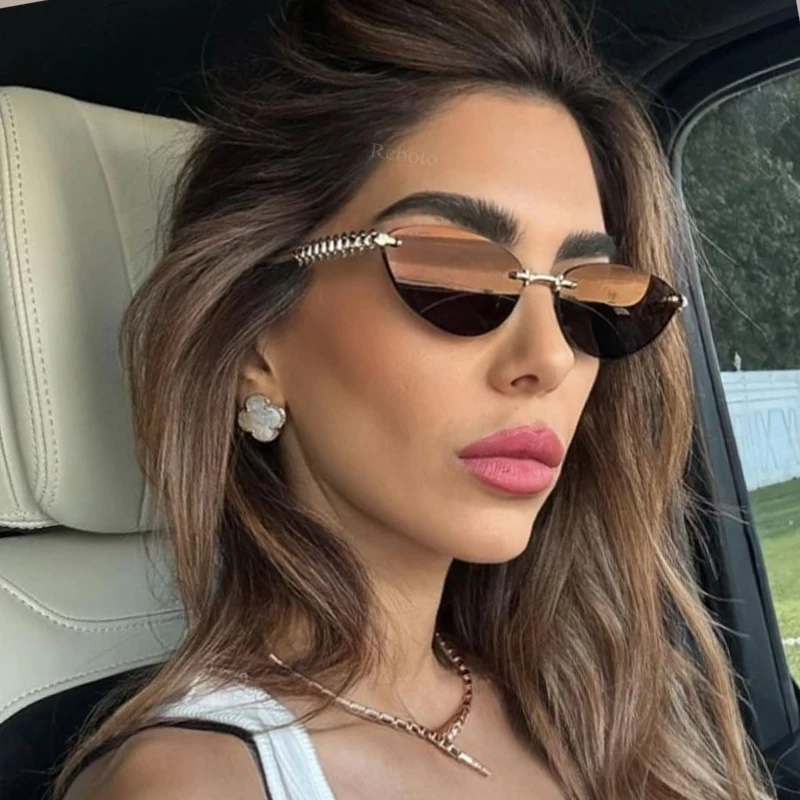 Cat Eye Nieten Randlose Sonnenbrille Frauen Luxus 2025, Modemarke Oval Schmale Sonnenbrille Shades Trendy Elegante Einzigartige Brillen Image