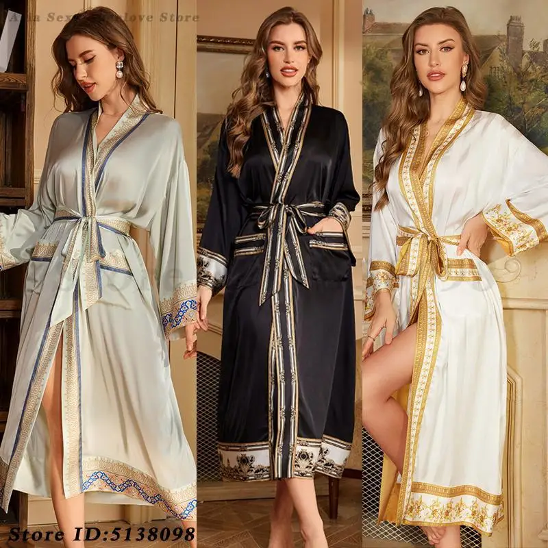 PLUS GRÖSSE Hochzeit Braut Robe Home Dressing Kleid Damen Langarm Satin Nachthemd Sexy Bademantel Kimono Homewear Loungewear Image