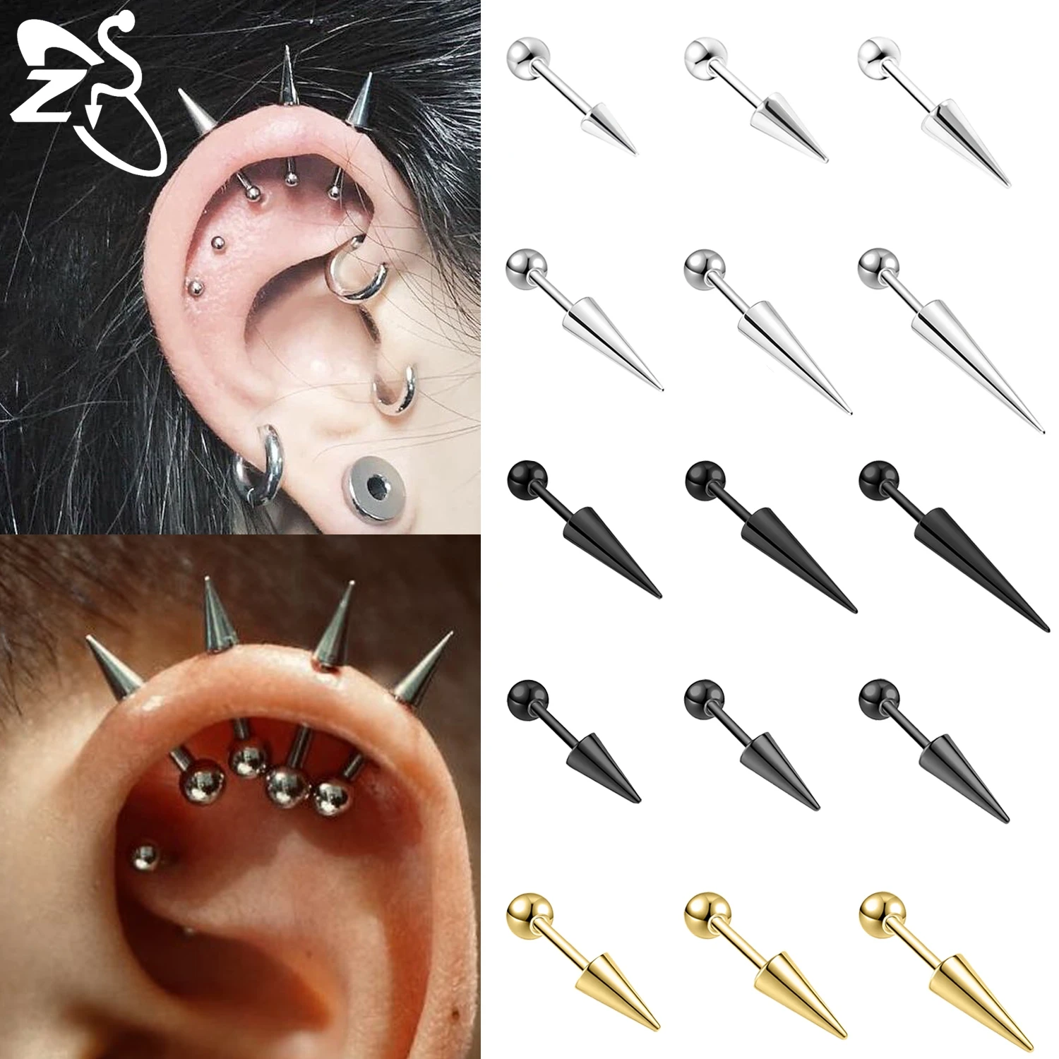 ZS 1 Stück Punk 18G Edelstahl Ohrstecker Männer Frauen 6/8/10/12/15/17 MM Lange Spike Form Helix Knorpel Piercings Schmuck Image