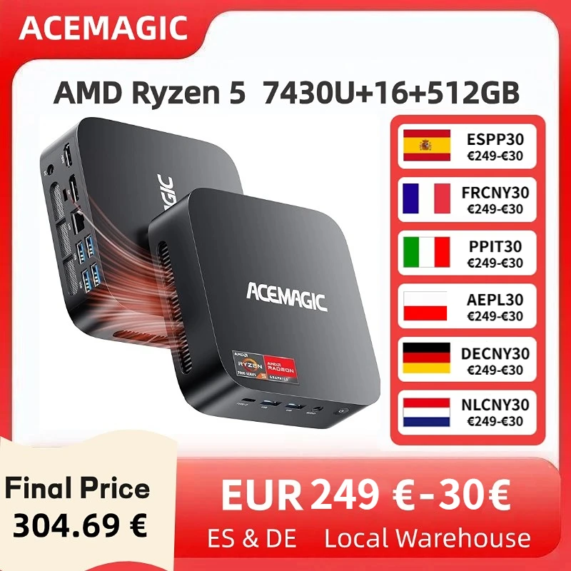 ACEMAGIC MINI PC AMD Ryzen 5 7430U 16/32GB DDR4 512GB SSD Mini-PC Windows 11 PRO MINI Computer Wifi6 4K Triple-Display-PC Gaming Image