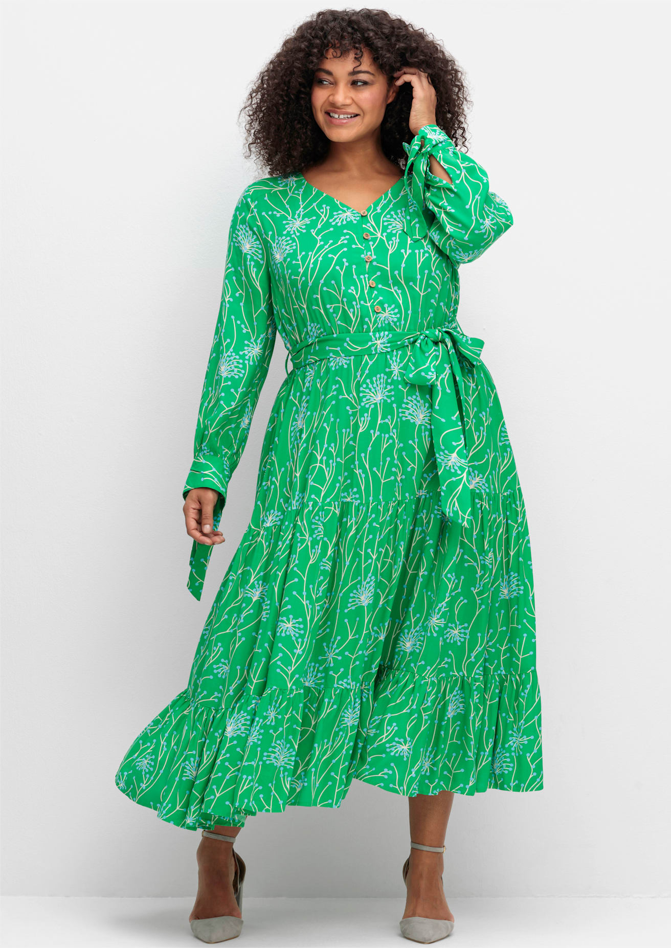 Maxikleid SHEEGO BY JOE BROWNS "Maxikleid", Damen, Gr. 50, Normalgrößen, grün, 100% Viskose, bedruckt, gemustert, mehrfarbig, lang, V-Ausschnitt, Kleider Maxikleid