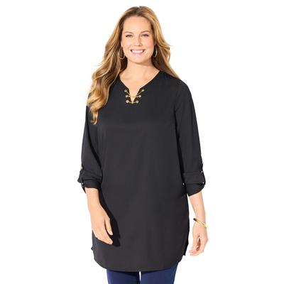 Plus Size Women's Chain Lace-Up V-Neck Tunic Blouse by Catherines in Black (Size 1X)