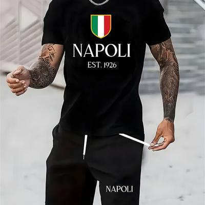 "TEMU Men's Summer Casual Sportswear Set "napoli Est. 1926" Print Round Neck T-shirt And Shorts Outfit For Everyday Lightweight Wear" Image