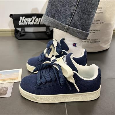 TEMU Women's Retro Low-top Lace-up Sneakers - Navy Accents, Breathable Fabric Upper & Durable Rubber Sole, Casual Shoes For Casual Attire, Versatile Fashion Footwear, Modern Twist Design, Cover Insole Image