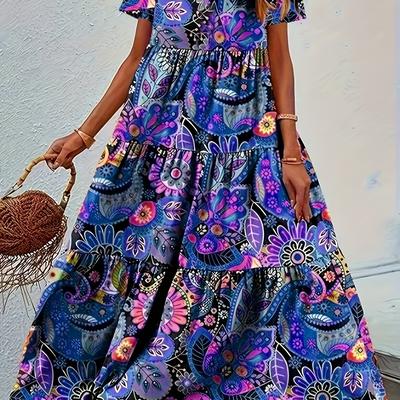 TEMU Women's Plus Size Floral Print V-neck Short Sleeve Maxi Dress - Loose Fit Elastic Waist Summer Dress For Casual, Office & Vacation - Machine Washable Spring Summer Fall Dress Image
