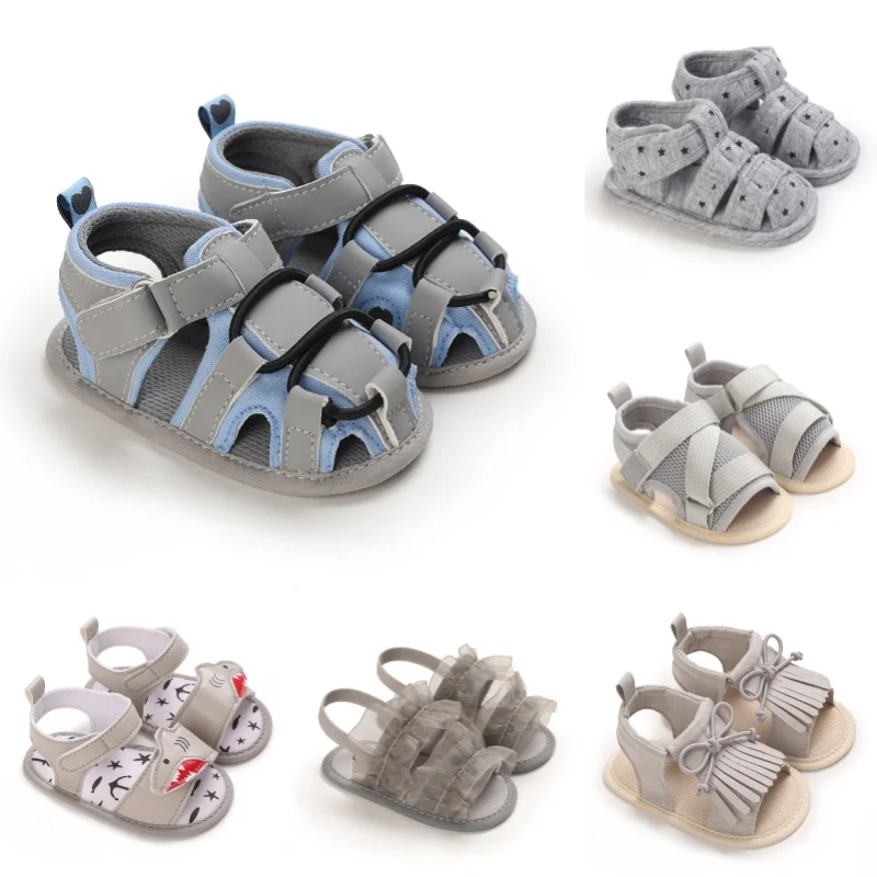 Graue Sommer-Sandalen für Neugeborene, 0–18 Monate, hochwertige, weiche Sohle, rutschfest, atmungsaktiv, Lauflernschuhe für Babys Image