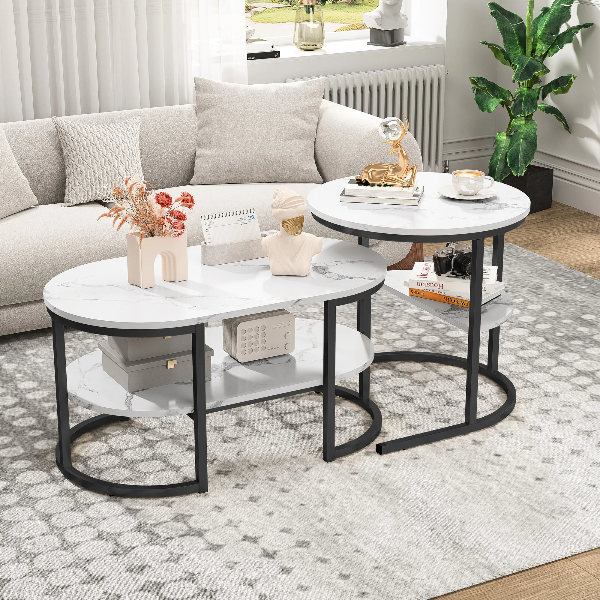 Rosahqnda Moderne , 2er-Set Sofatische mit großen Ablageflächen, Tischplatte mit Marmormuster und stabilen Metallständern Image