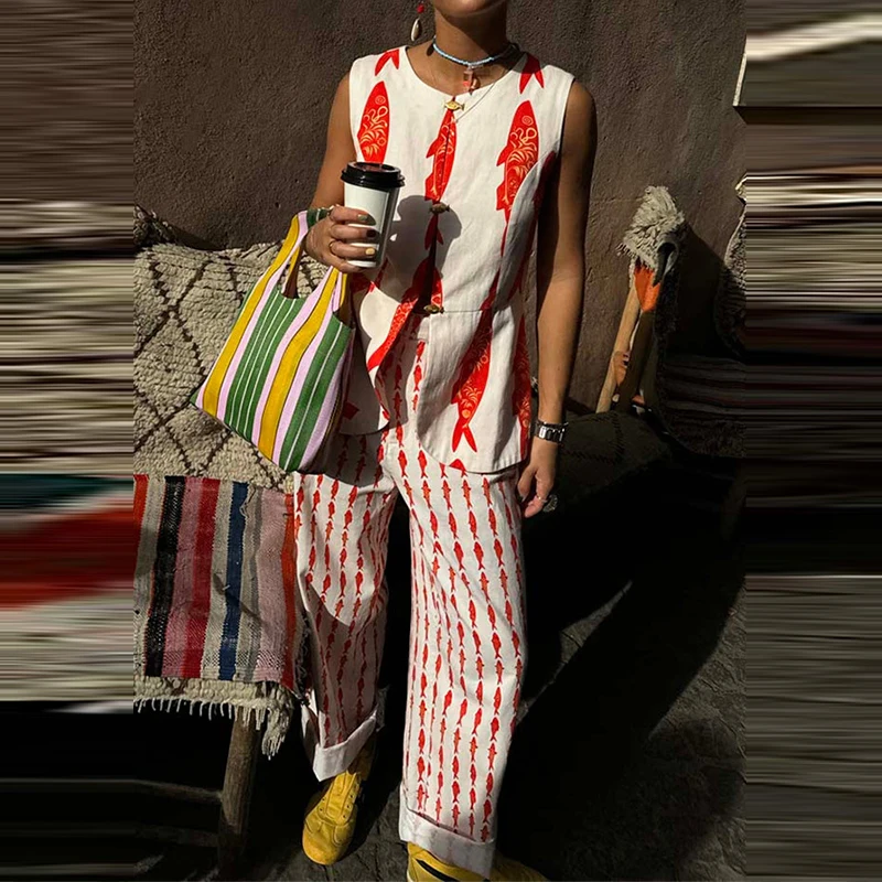 2025 mode High Street Gedruckt Zwei Stück Sets Sexy Ärmel Lose Anzug Weibliche Casual O Neck Weste Top und Lange Hosen Outfits Image