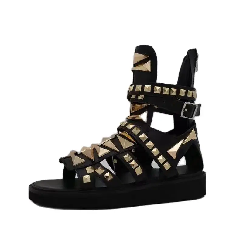 Männer Casual Sandalen Aus Echtem Leder Plattform Gold Niet High Top Rom Luxus Höhe Zunehmende High Street Sommer Schwarze Schuhe