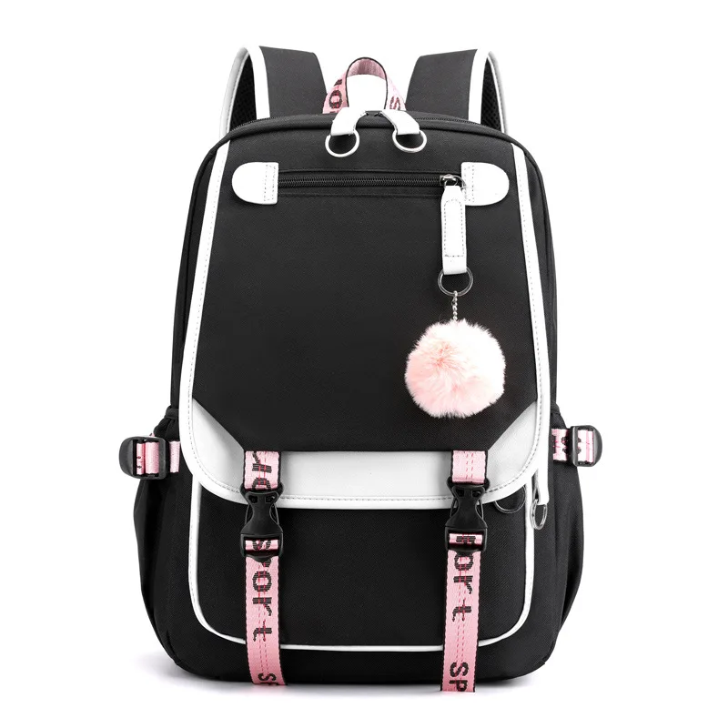 Grands sacs d'école pour adolescentes, port USB, cartable en toile, sac de livre d'étudiant, mode noir rose, sac à dos d'école pour adolescents mochila