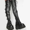 Marke Design Große Größe 43, Schnürsenkel Cosplay Motorräder Stiefel Schnallen Plattform Keile High Heels Oberschenkel Hohe Stiefel Frauen Schuhe