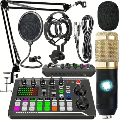 Podcast equipment suite, all-in-one audio interface with studio condenser microphone, ideal for podcasting