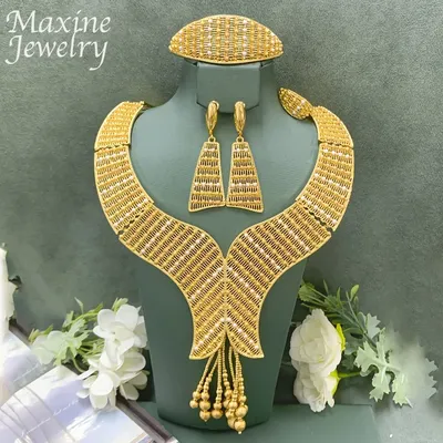 Bohemian Dubai Gold Plated Luxury Original Jewelry Set for Women Golden Necklace Earring Bracelet Ring Party Wedding Gifts