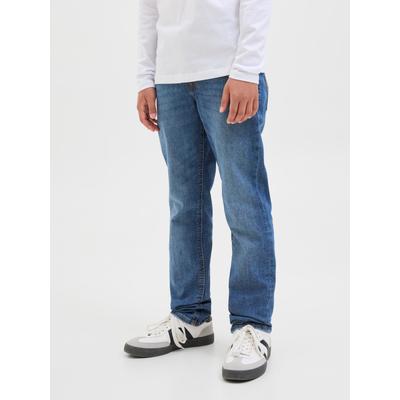 Slim-fit-Jeans JACK & JONES JUNIOR "JJIGLENN JJORIGINAL SQ 902 NOOS JNR", Jungen, Gr. 140, N-Gr, blau (blau denim), Denim/Jeans, Obermaterial: 76% Baumwolle, 22% Polyester, 2% Elasthan, Abriebeffekte, modisch, slim fit knöchellang, Jeans Image