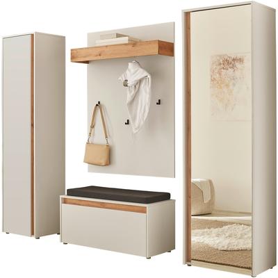 Garderoben-Set INOSIGN "GIRON/ CiTY, Garderobe in Wotan Eiche, moderner Garderobenschrank", weiß, Holzwerkstoff, Kastenmöbel-Sets, enthält Garderobenschränke, Paneel & Schuhbank +Sitzkissen Image