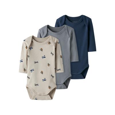 Schlafoverall NAME IT "NBMBODY 3P LS AIRPLANE NOOS", Baby, Gr. 86, N-Gr, peyote pack:w, tradewinds, insignia blau, Jersey, Obermaterial: 100% Baumwolle, unifarben, casual, regular fit, Rundhals, Langarm, Overalls Image