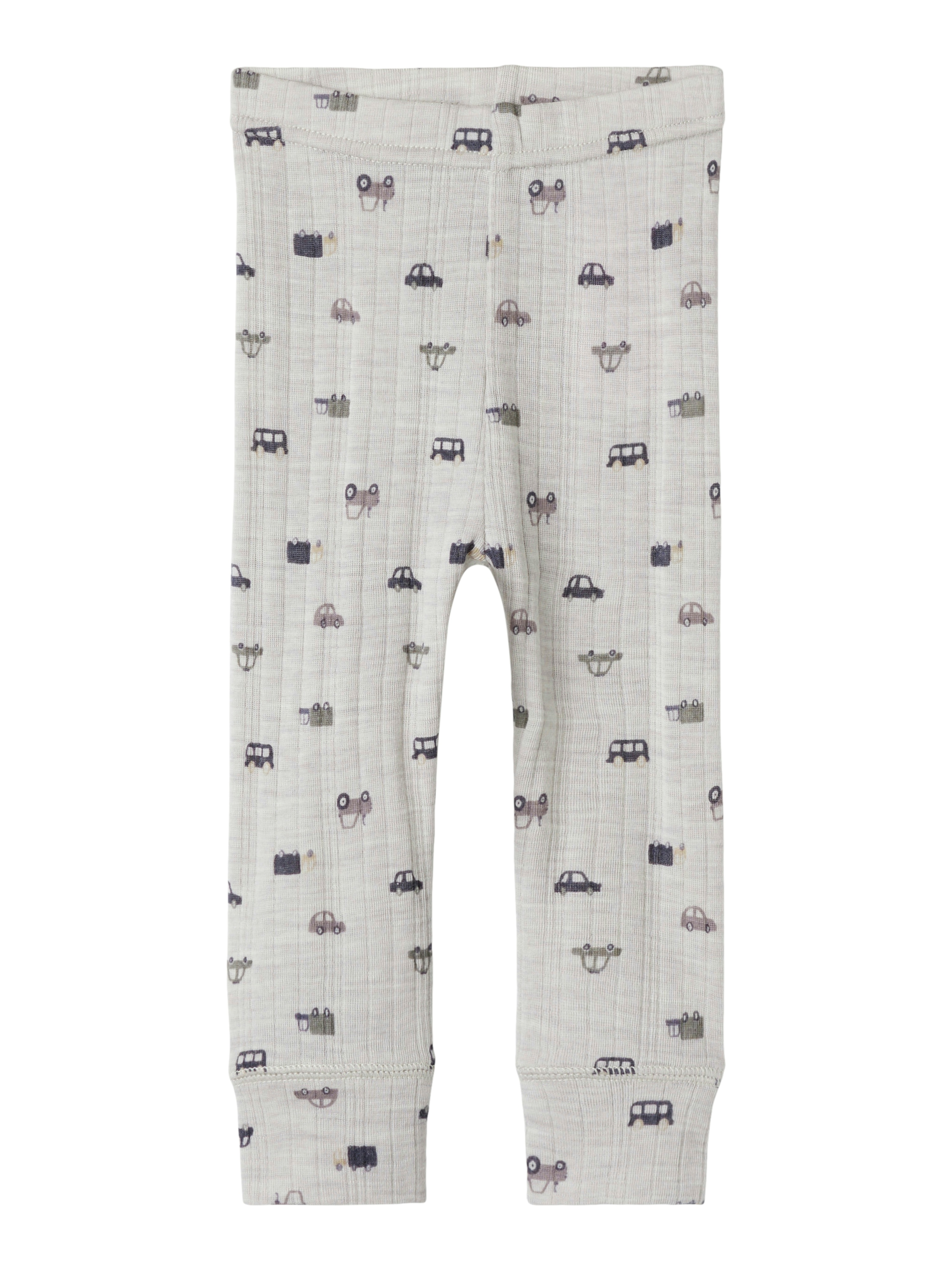 Leggings NAME IT "NBMWANG WOOL NEEDLE LONGJOHN NOOS", Baby, Gr. 50, N-Gr, nacreous cloud aop:small cars, Strick, Obermaterial: 100% Wolle, bedruckt, regular fit knöchellang, Hosen Image