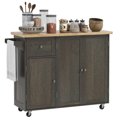 Rolling Kitchen Island with Wood Top, Movable Kitchen Cart on Wheels, Kitchen Island Cart with Drawer & Storage Shelf