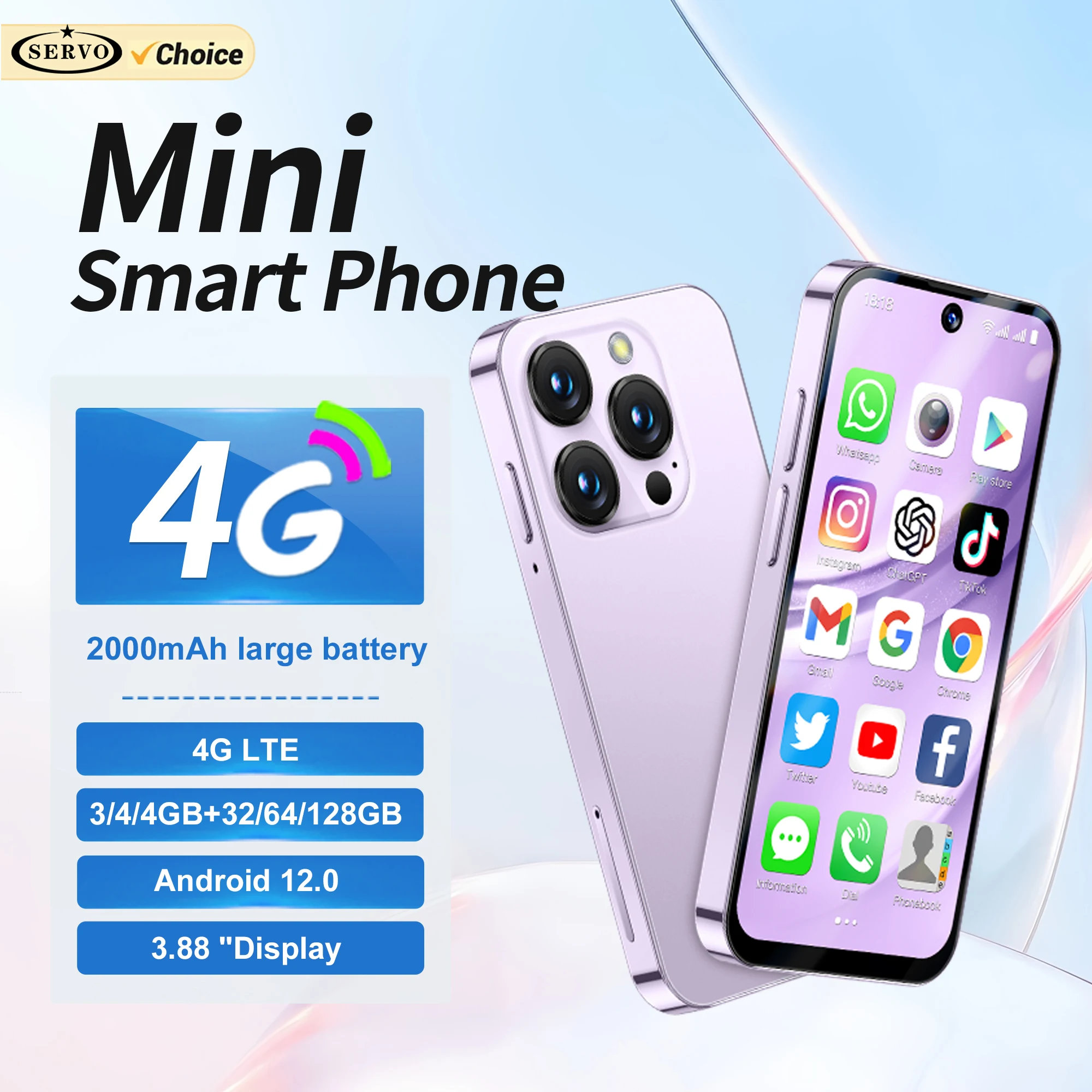 SERVO 19PRO 4G LTE Mini Smartphone double cartes SIM système Android 12.0 32GB/64GB/128GB ROM Play Store OTG 3.88 