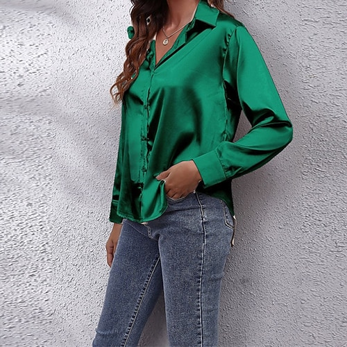 Per donna Camicia Elegant Elegante Raso/Satin Semplice Quotidiano Elegante Essenziale Manica Lunga Colletto a Camicia Top Regolari Lavoro Quotidiano Ferie Bottoni Nero Bianco Rosso Verde Primavera