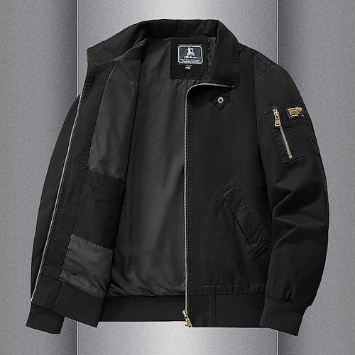 Giubbotto bomber da uomo in 100% cotone, giacca tattica, giacca da motociclista, casual, morbido, con tasche multiple, primavera autunno semplice bandiera nazionale casual comodo colletto alto nero