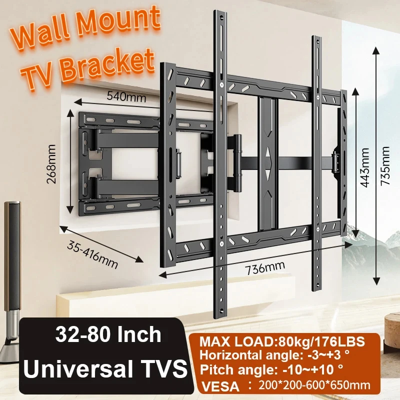 Full Motion TV-Wandhalterung für 32-80-Zoll-Bildschirme – robuster Gelenkarm mit 80 kg max. VESA 650 x 600 mm, passend für LED-LCD-OLED