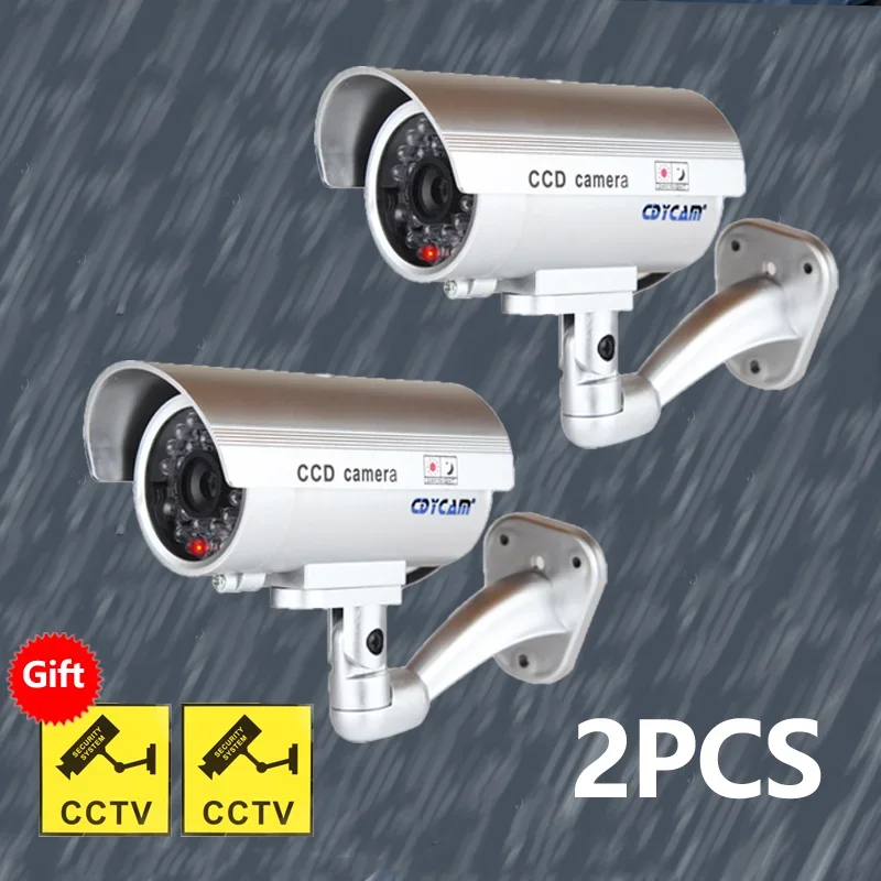 2 stücke Gefälschte Kamera Outdoor Indoor Sicherheit Dummy Kamera Simulation Indoor Wasserdichte Kugel LED Licht Monitor CCTV Kamera Image