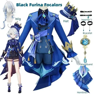 Furina Cosplay Kostüm Perücke Haar Impact Fontaine Focal ors mit Hut schwarz Anzüge High Heel Cosplay Schuhe für Frauen Outfits Image
