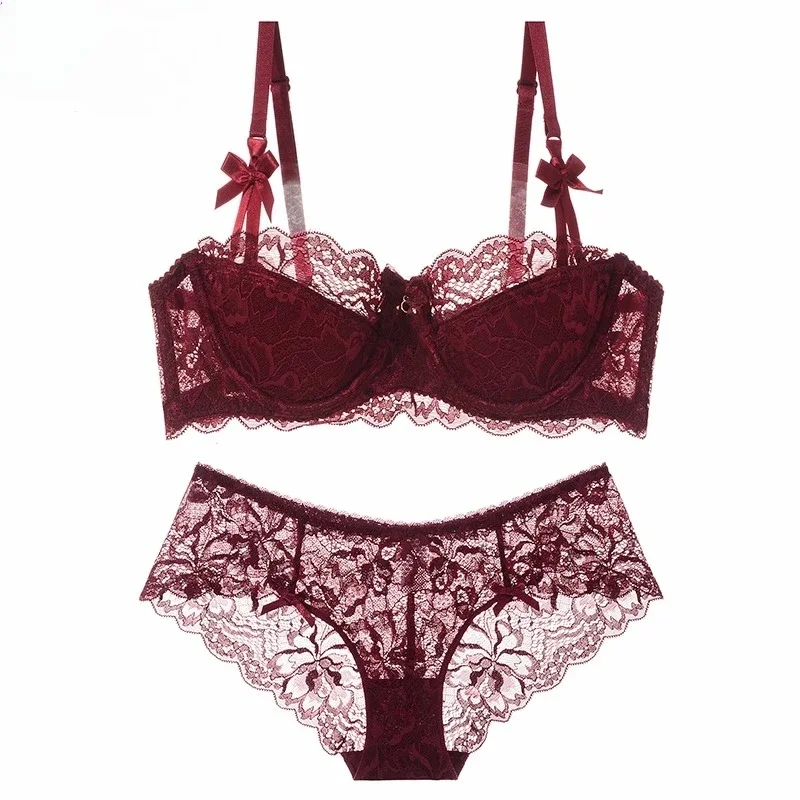 MOYISU Set di biancheria intima estiva Slip reggiseno minimizzatore in pizzo francese trasparente Biancheria intima da donna sexy ultra sottile Busto grande Tushy sexy e slip