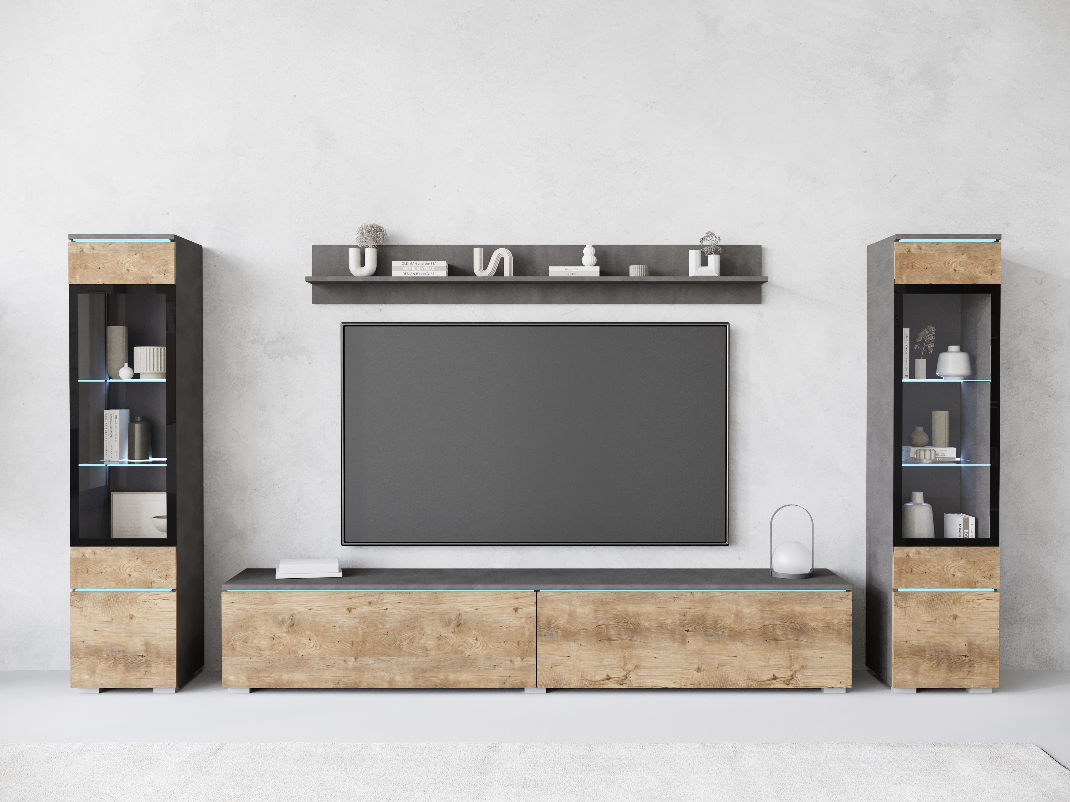 Wohnwand INOSIGN "VERA II", braun (matera anthrazit, kastanien breslau), B:260cm H:130cm T:33cm, Kastenmöbel-Sets, Mediawand 260 cm, Vitrine mit Verglasung, stehend und hängend, Topseller