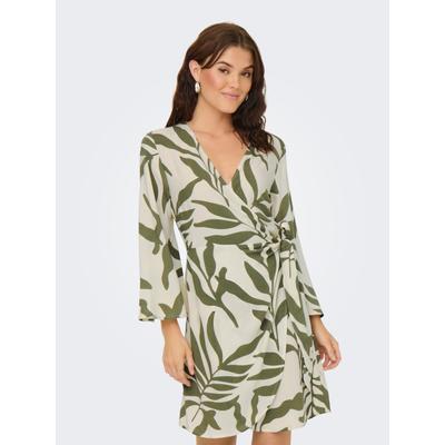 Wickelkleid JDY "JDYSEZEN LIFE 7/8 SHORT DRESS WVN DIA", Damen, Gr. L (40), N-Gr, sandshell aop:deep lichen grün, Web, Obermaterial: 100% Viskose, bedruckt, modisch, regular fit kurz, V-Ausschnitt, Langarm weit, Kleider Image