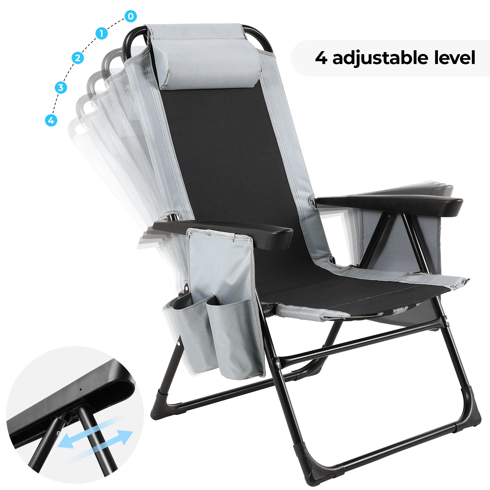 Klappstuhl, klappbarer Gartenstuhl mit verstellbarer Rückenlehne, Armlehne, Campingstuhl für Balkon, Tragfähigkeit bis zu 140 kg