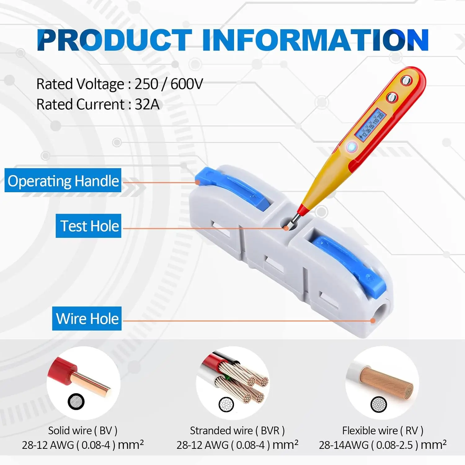 Hebel-Kabelverbinder, 60-teiliges elektrisches Schnellanschluss-Spleißset für kompakte Inline-Klemmen – 28–12 AWG, 1 in 1 Out, blau Image