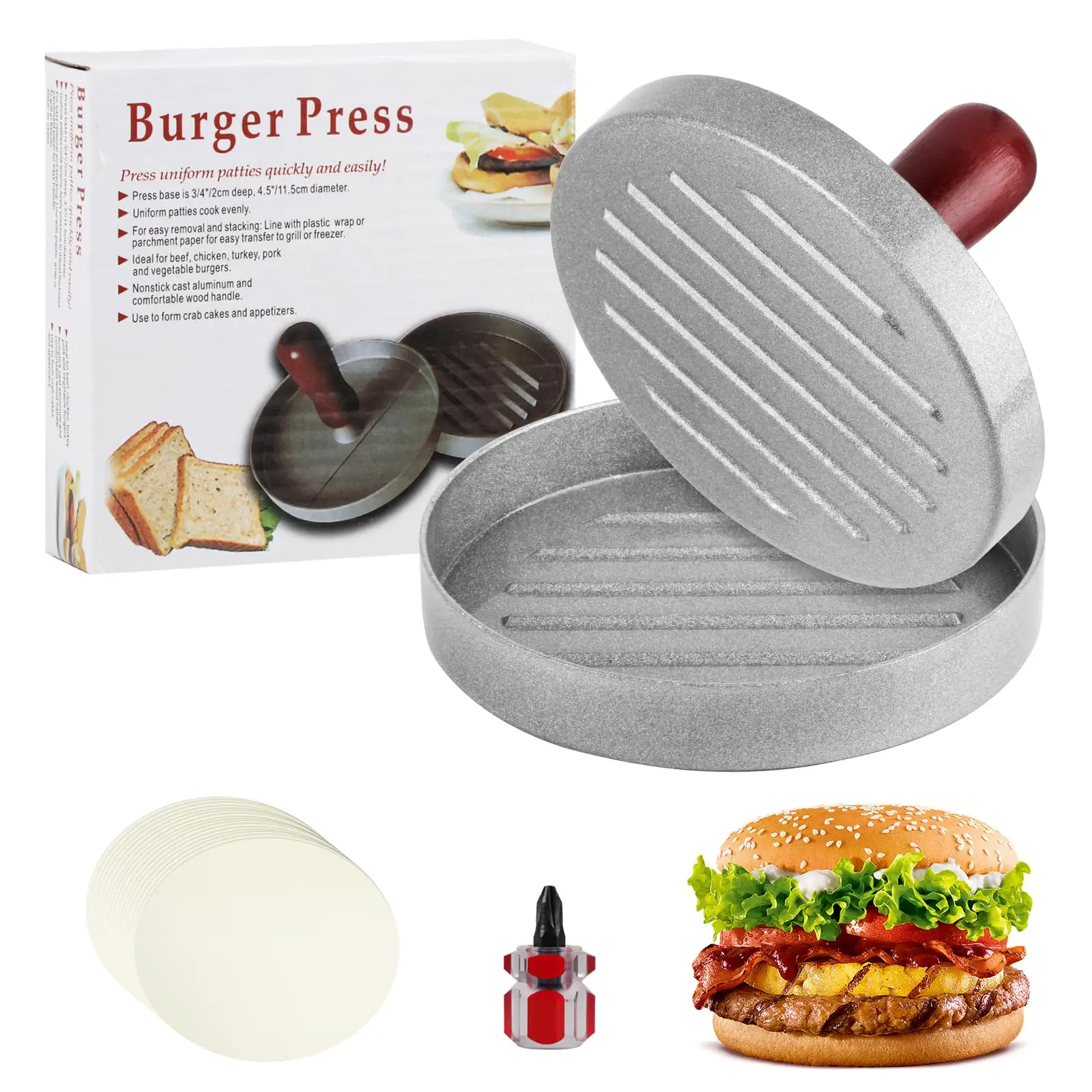 Aluminium-Burgerpresse – Antihaft-Patty-Maker zum Grillen, inklusive 100 Silikonpapiere, Hamburger-Form Image