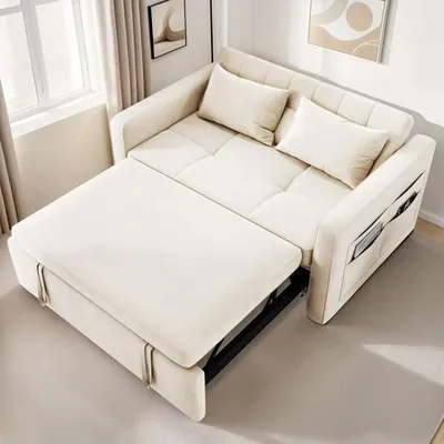 55" Convertible Sofa Bed, 3-in-1 Sleeper Sofa with Pull-Out Bed, Velvet Futon Couch with Reclining Backrest and Side Pocket