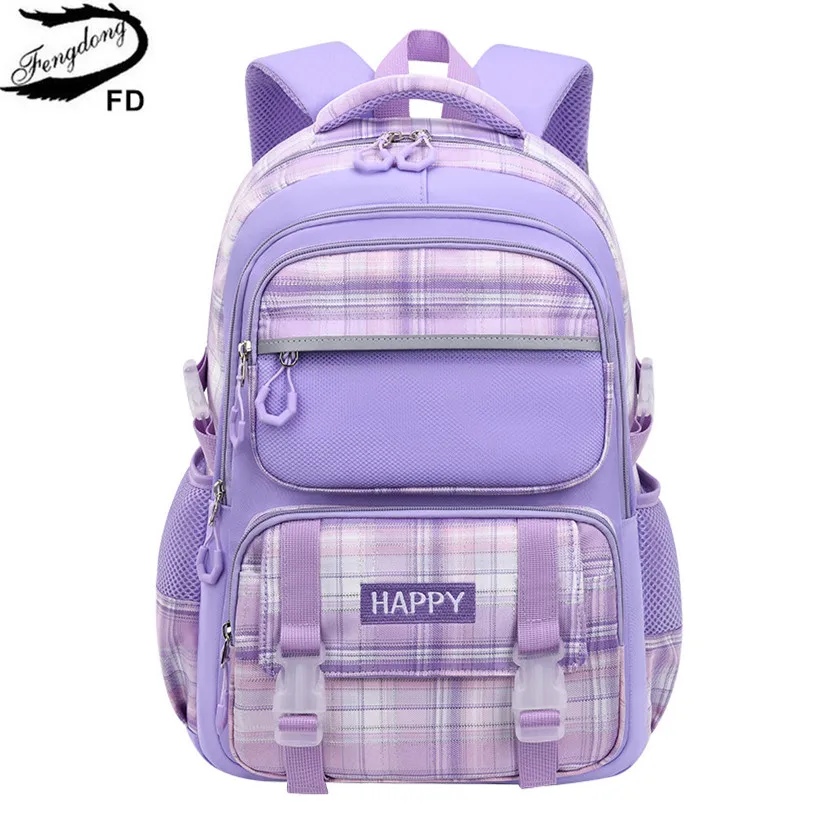 Sacs d'école violets pour enfants, sac de livre à carreaux rose, sacs à dos d'école imperméables pour filles, sac à dos de grande capacité avec de nombreuses poches