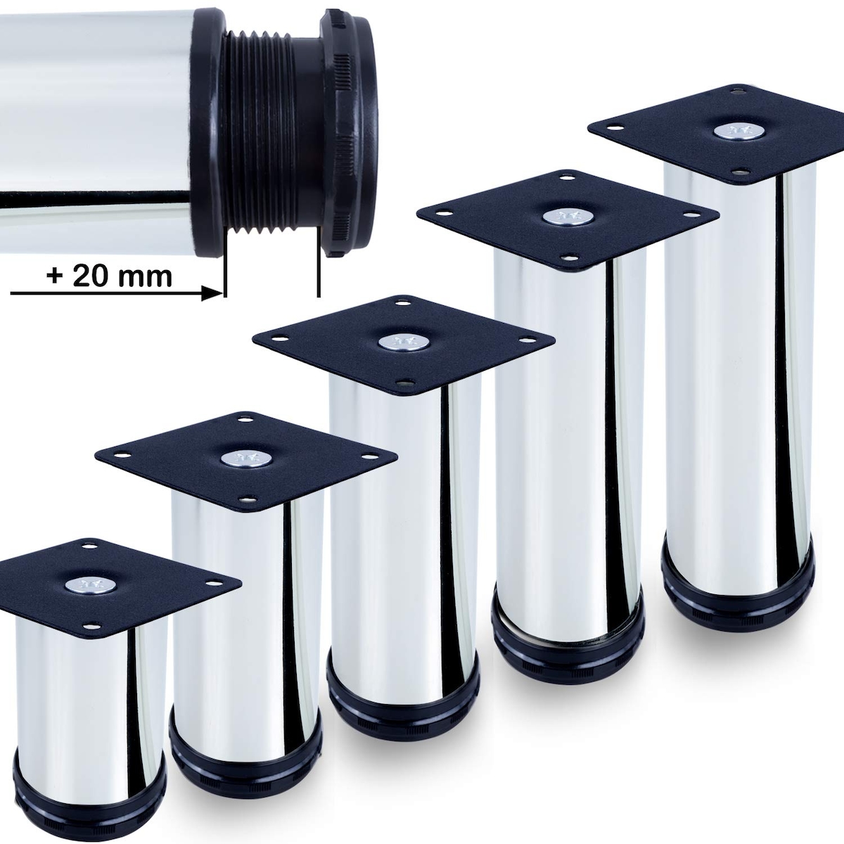 ID Dinkel Möbelfuße verstellbar 50mm Sofafuß Küchenfuß Sockelfüße Bettfüße Bein Hochglanz-Chrom 100mm Image